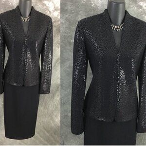BEAUTIFUL St John evening knit black rhinestones embellished skirt suit size 2